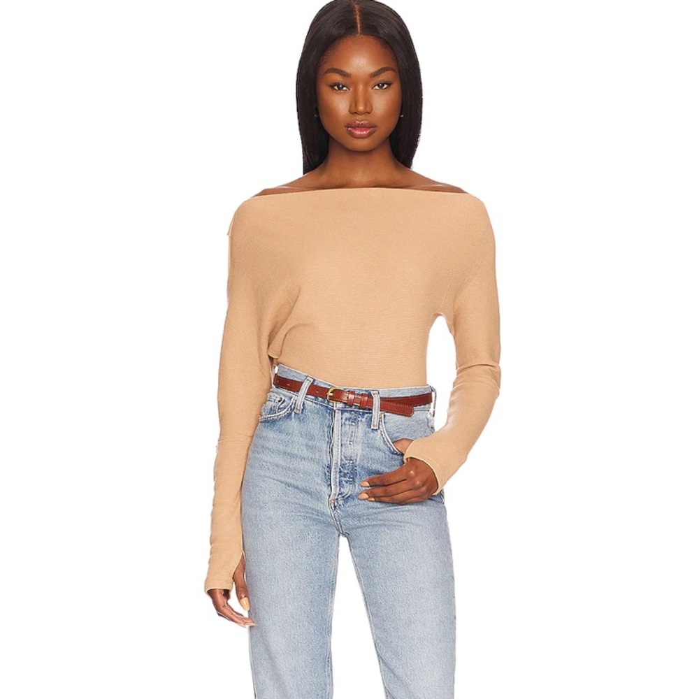 Free People We The Free Size XS Fuji Thermal Long Sleeve Off Shoulder Top Tan
